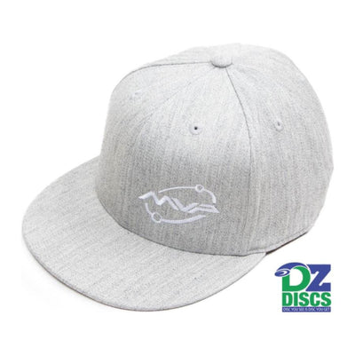 Close-up of a grey MVP Flexfit Fitted 210 hat with a white embroidered Orbit logo on the front panel.