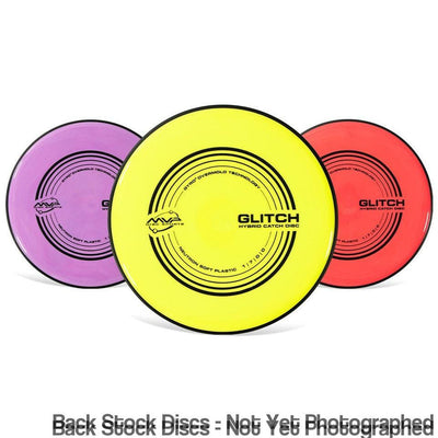 Three MVP Neutron Soft Glitch hybrid catch discs in vibrant yellow, purple, and red, each with black overmolds and branding.