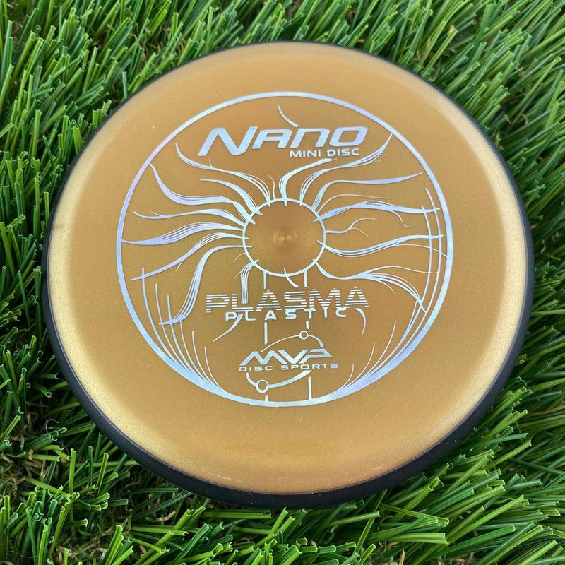 Golden MVP Nano Plasma Mini Marker disc with a prominent silver stamped sun design and branding.