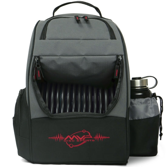Gray and black MVP Shuttle disc golf backpack with a visible disc compartment, side bottle holder, and red brand logo.
