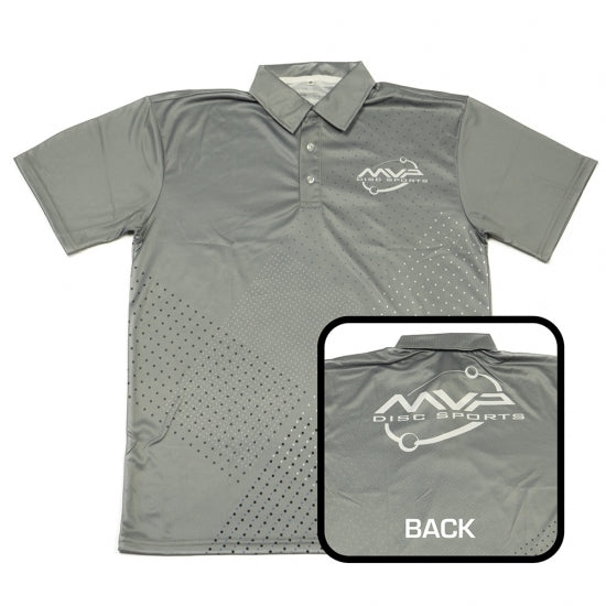 Gray MVP Disc Sports sublimated polo with a front and back view showing a dot matrix pattern.