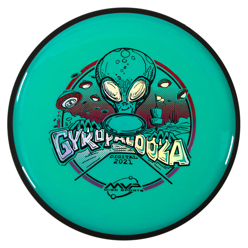 Teal MVP Gyropalooza 2021 disc golf disc with an alien design and flying saucers on the stamp.