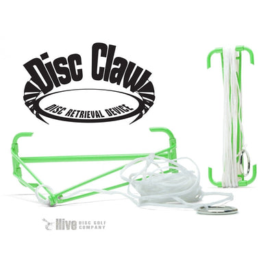 A Hive Disc Claw disc retrieval device features a neon green plastic frame with white retrieval cord and a metal key ring.