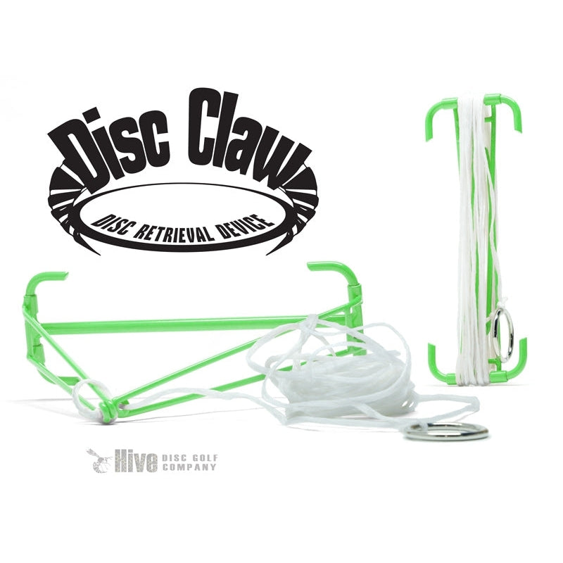 A Hive Disc Claw disc retrieval device features a neon green plastic frame with white retrieval cord and a metal key ring.