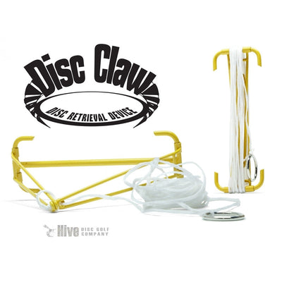 Bright yellow Hive MVP Disc Claw disc golf retrieval tool with white cord and metal rings.