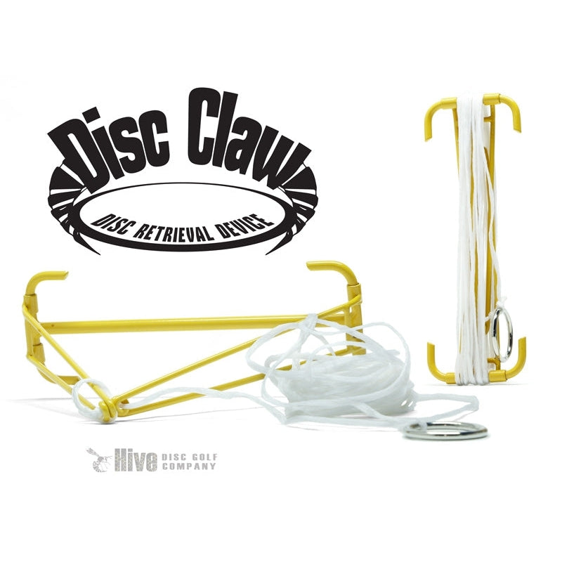 Bright yellow Hive MVP Disc Claw disc golf retrieval tool with white cord and metal rings.
