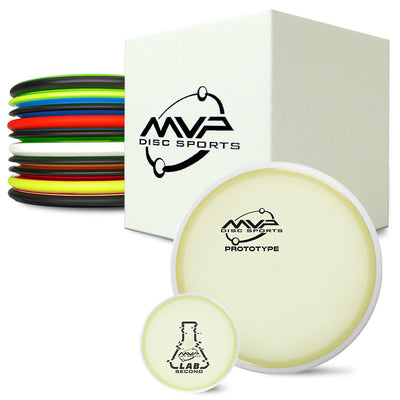 White MVP disc golf box with a stack of colorful discs, a glow MVP Prototype disc, and a glow MVP Lab Second nano disc.