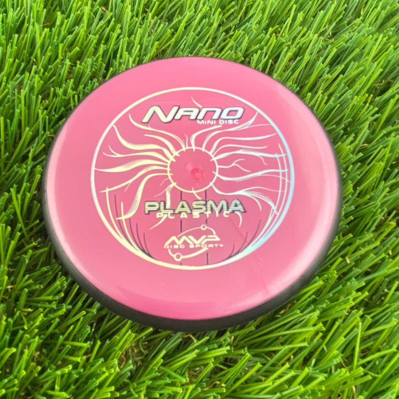 Hot pink MVP Nano Plasma Mini Marker disc with a black rim and detailed silver foil stamp.