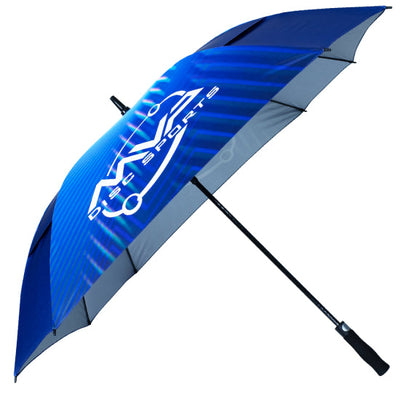 MVP Sports large square UV umbrella with a blue and white logo on a striped blue canopy.