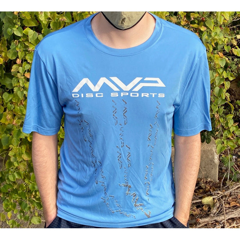Light blue MVP Dri-Fit tee shirt with a white MVP Disc Sports logo and gray abstract chain pattern.