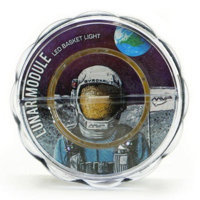 Mvp lunar module led basket light's rounded plastic casing reveals an astronaut in blue, standing on the moon, with earth in.