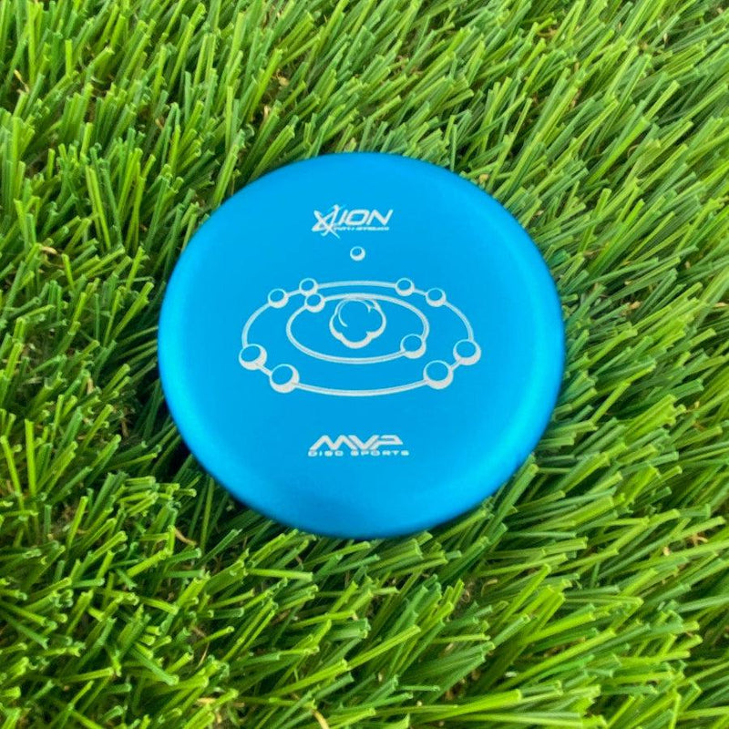 Blue MVP Metal Marker Ion logo putter with white branding and a unique atomic-themed central design.
