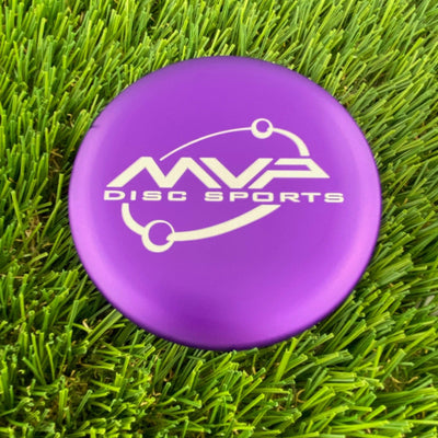 Purple MVP Metal Marker disc golf putter with a white orbital MVP Disc Sports logo.