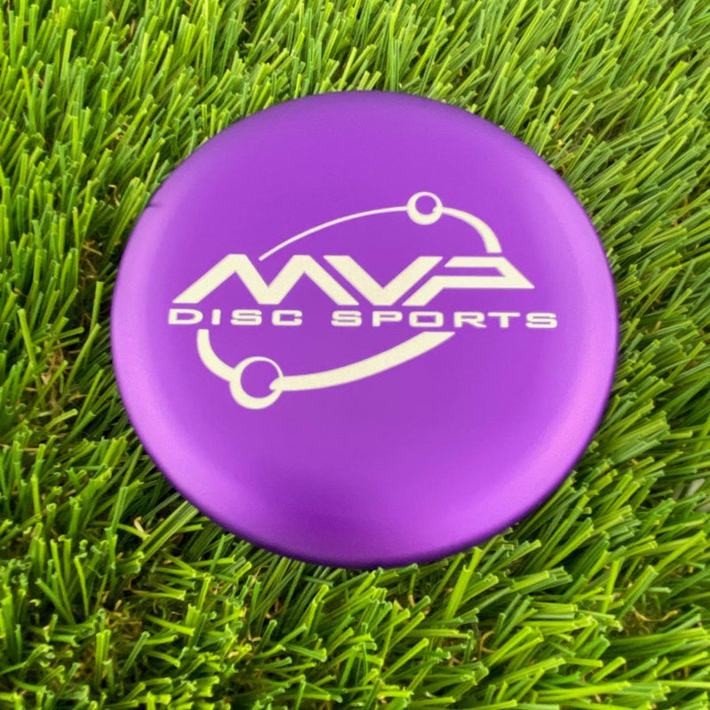 Purple MVP Metal Marker disc golf putter with a white orbital MVP Disc Sports logo.