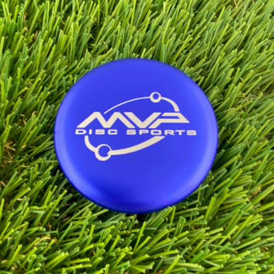 Royal blue MVP Metal Marker disc golf putter with a white MVP Disc Sports Orbit logo centered on top.
