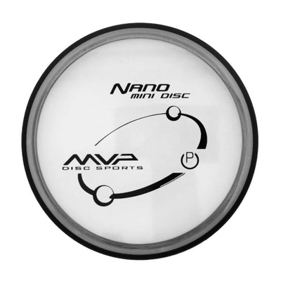 Clear MVP Nano Mini Disc golf marker with a black rim and black MVP Disc Sports logo.