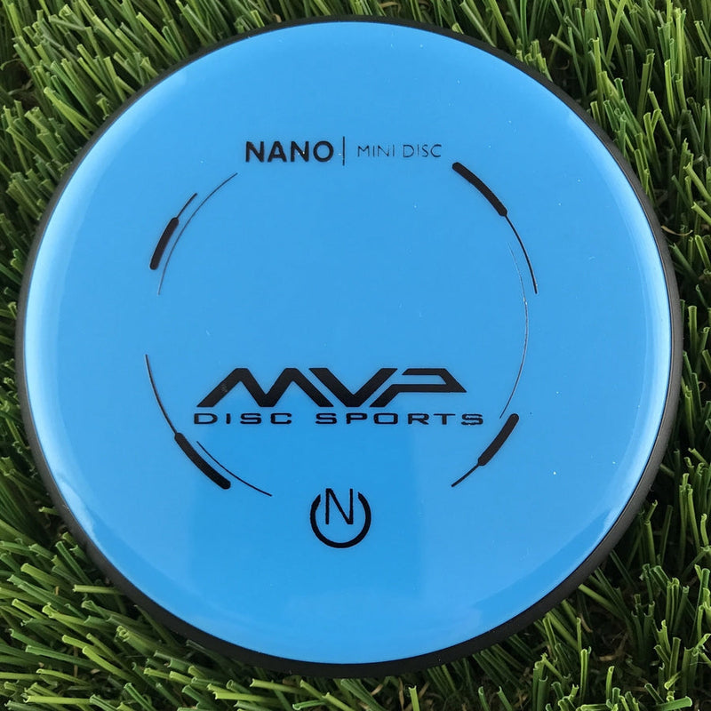 Bright blue MVP Nano Mini Disc golf marker with a black rim and black MVP Disc Sports logo.