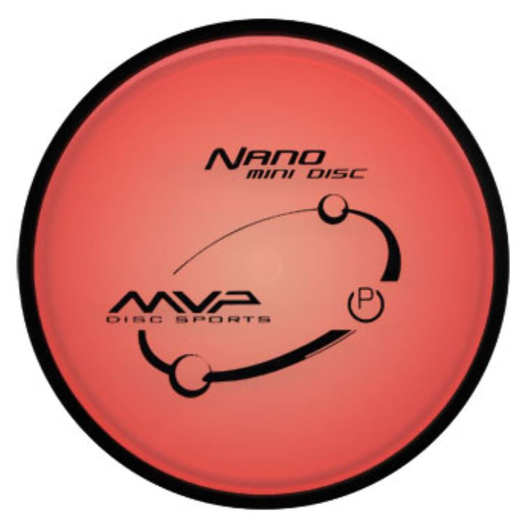 Vibrant red MVP Nano Proton mini marker disc with a black rim and black MVP Disc Sports text.