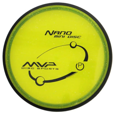 Sparkly yellow MVP Nano Mini Disc golf marker with black and green proton plastic rim and black graphics.