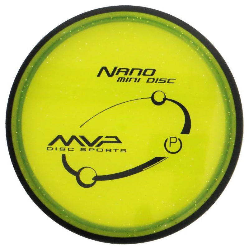 Sparkly yellow MVP Nano Mini Disc golf marker with black and green proton plastic rim and black graphics.