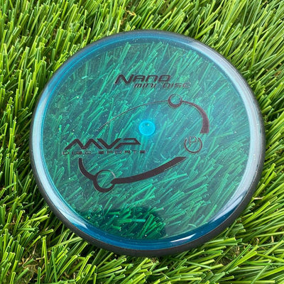 Transparent teal MVP Nano Mini Disc golf marker with a black rim and black MVP Sports logo.