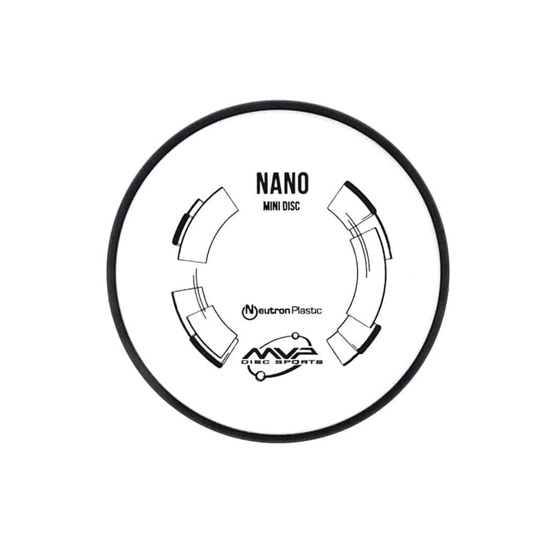 White MVP Nano Mini Disc with Neutron Plastic and black branding, featuring segmented circle designs.