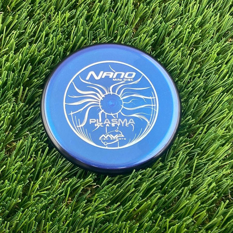 Blue MVP Nano Mini Disc Plasma disc golf marker with a metallic sheeny surface and white graphics.