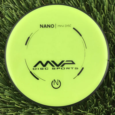 Fluorescent yellow MVP Nano Neutron mini marker disc with a black rim and black MVP Disc Sports logo print.