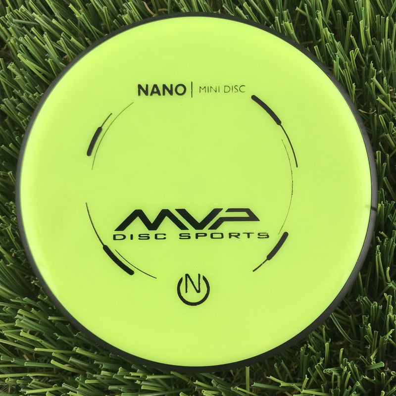 Fluorescent yellow MVP Nano Neutron mini marker disc with a black rim and black MVP Disc Sports logo print.