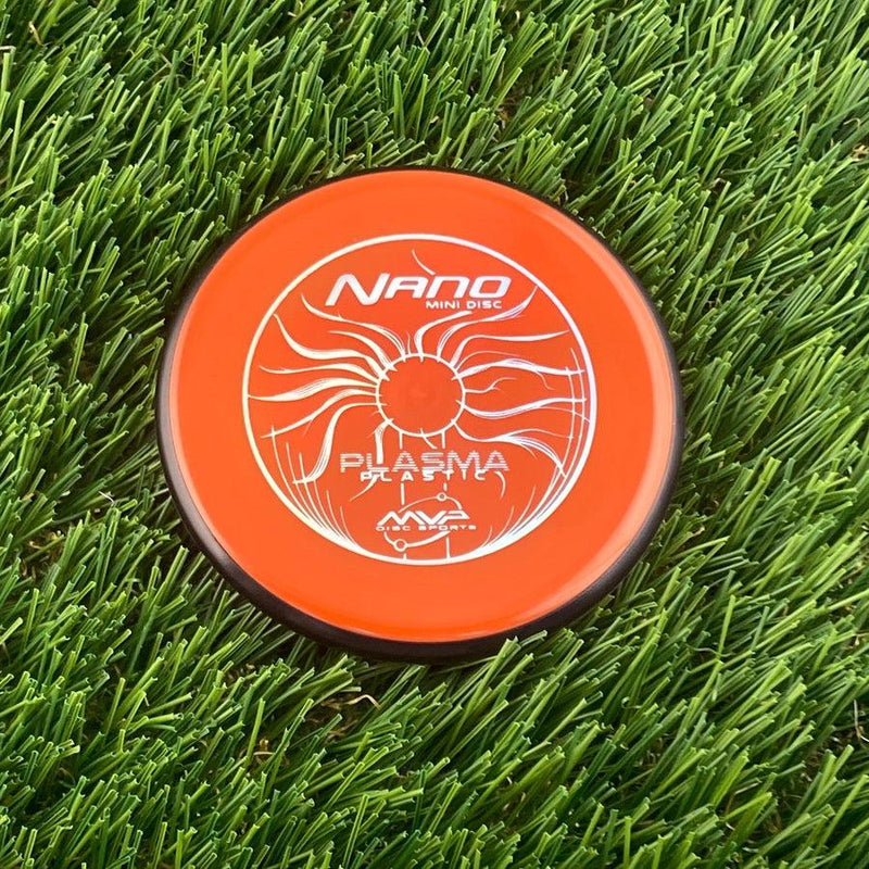 Orange MVP Nano Plasma Mini Marker disc golf marker with white "NANO" and "PLASMA" branding.