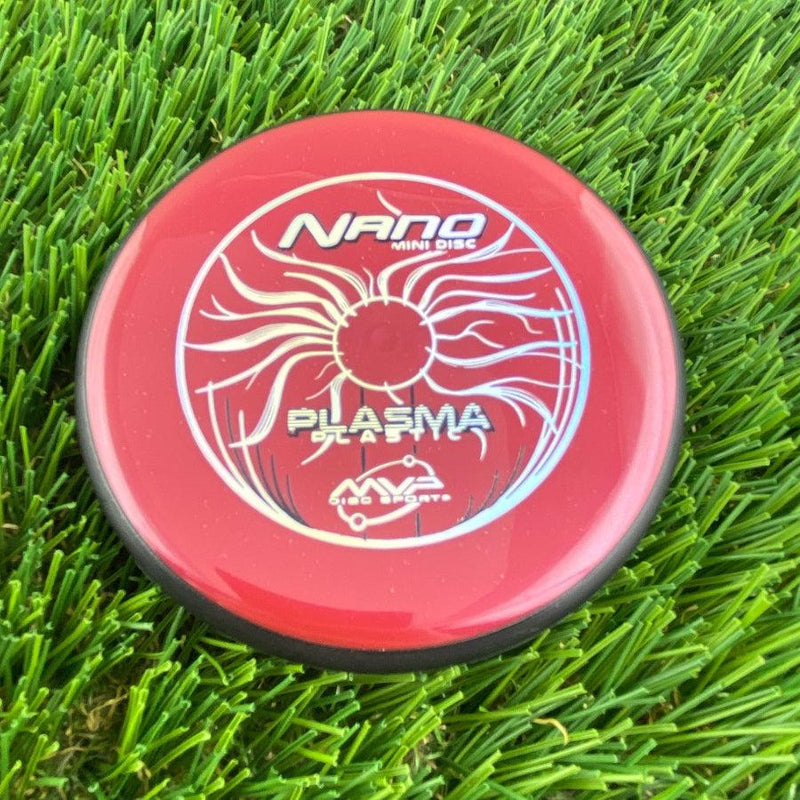 Red MVP Nano mini marker disc with a metallic silver Plasma design and black rim.