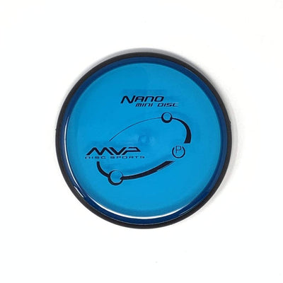 A bright blue MVP Nano Proton Mini Marker disc golf mini with a black rim and black MVP logo.