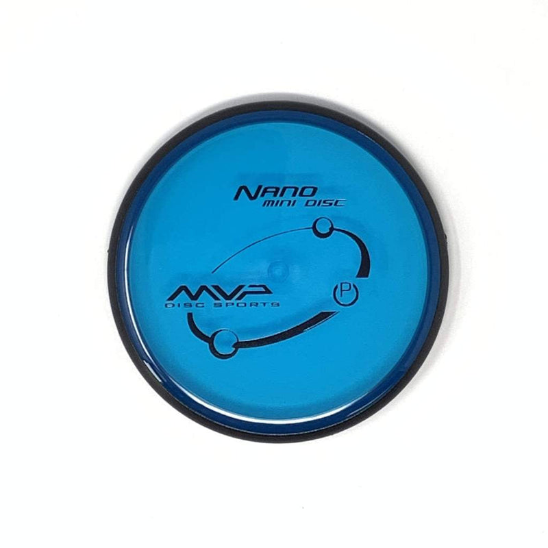 A bright blue MVP Nano Proton Mini Marker disc golf mini with a black rim and black MVP logo.