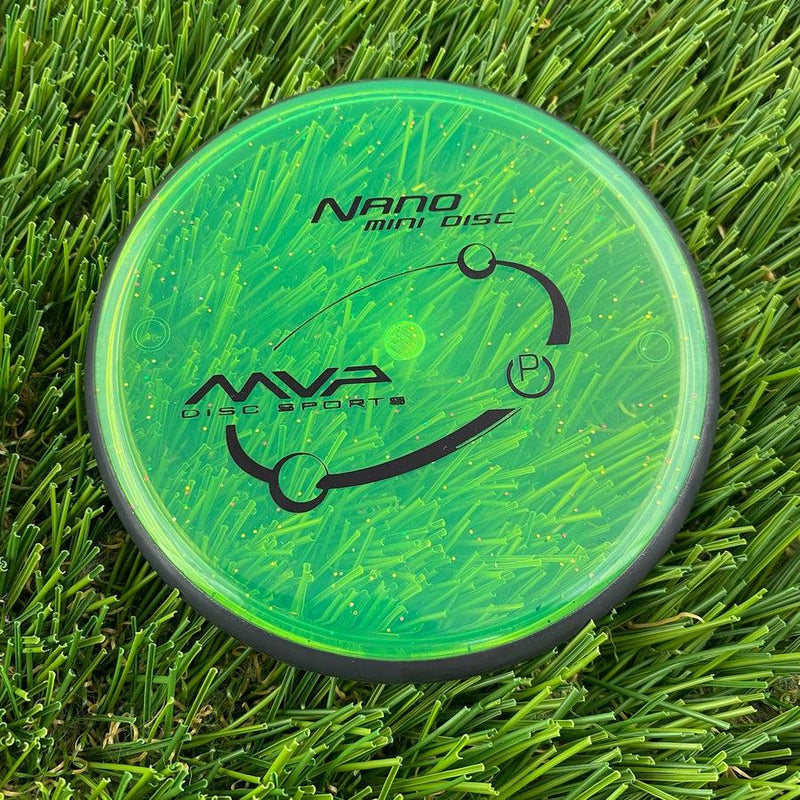 Bright green MVP Nano Proton Mini Marker disc with yellow flakes and a black overmold rim.