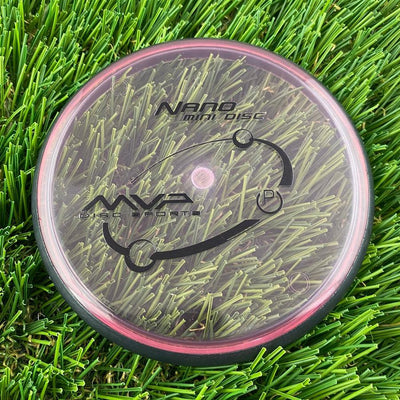 Translucent gray MVP Nano Proton mini marker disc with a red rim and a black graphic design.