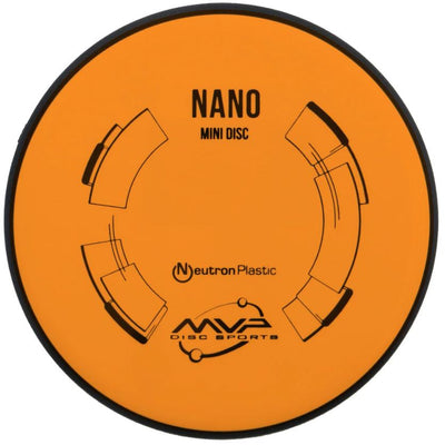 Orange MVP Nano Mini Disc golf marker with black Neutron Plastic rim and bold black lettering.