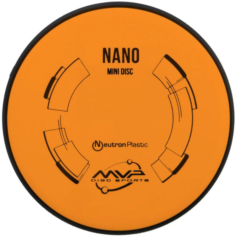 Orange MVP Nano Mini Disc golf marker with black Neutron Plastic rim and bold black lettering.