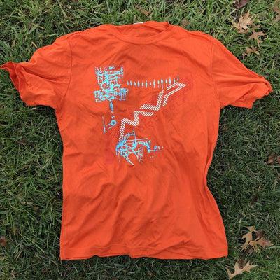 Orange MVP Disc Golf short-sleeved t-shirt with a light blue graphic design featuring a basket and MVP logo.