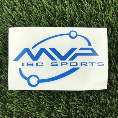 White MVP Orbit Logo Decal with bold blue "MVP ISC SPORTS" lettering and a blue orbital ring design.