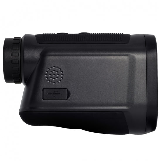 An all black MVP Parsec laser rangefinder features an eyepiece, textured grip, button controls, and a USB port.