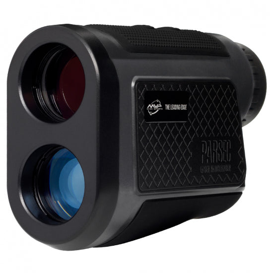 Black MVP Parsec laser rangefinder with a textured grip, two lenses showing red and blue reflections, and white text.