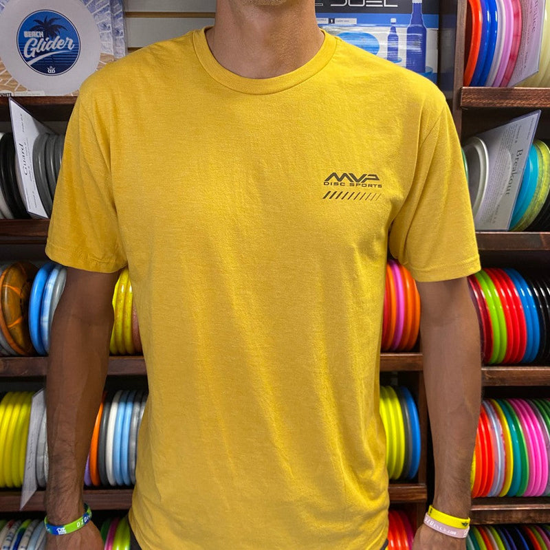 Mustard MVP Patent Cotton Tee with a black MVP Disc Sports logo on the left chest.