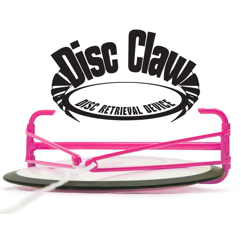 Pink MVP Hive Disc Claw retrieval device with a white disc, black stamp, and rope attached.