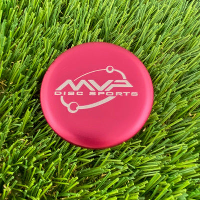 Pink MVP metal marker putter with the white Orbit logo and letters "MVP Disc Sports".