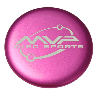 Bright pink MVP metal marker disc golf putter with a metallic gray MVP Disc Sports Orbit logo.