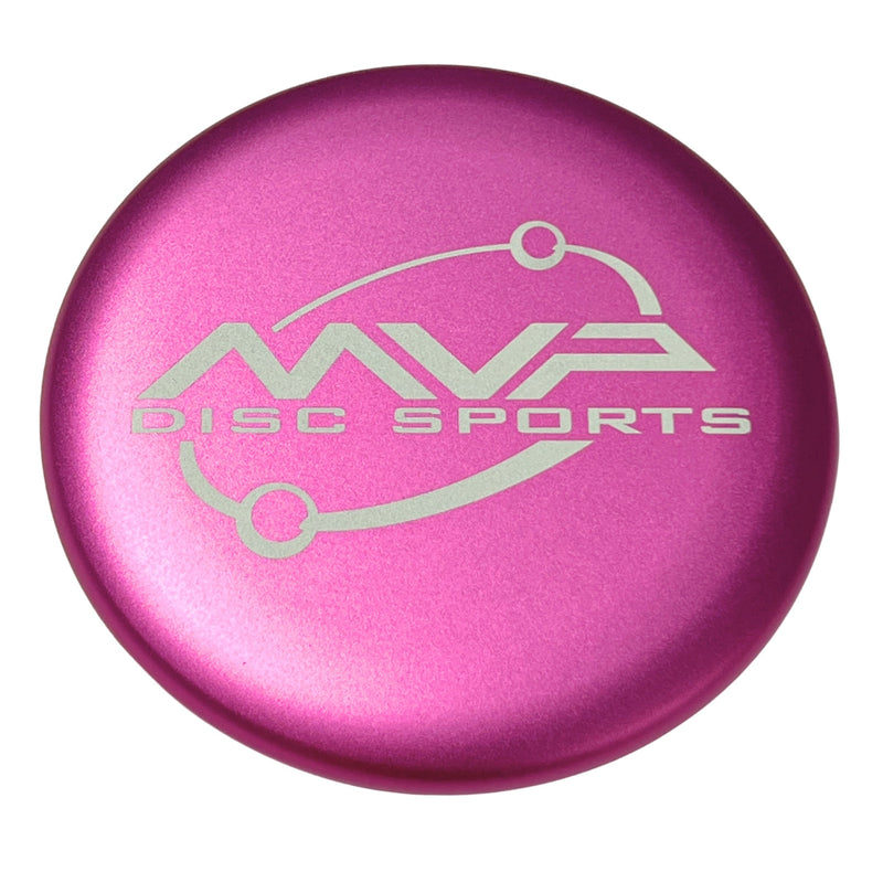 Bright pink MVP metal marker disc golf putter with a metallic gray MVP Disc Sports Orbit logo.