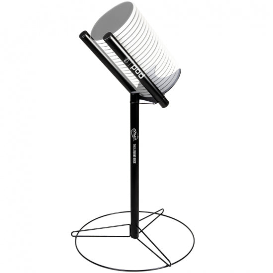 Black MVP Pod Putter Rack with a wire base supporting a central pole, angled disc holding arms, and 12 white discs.