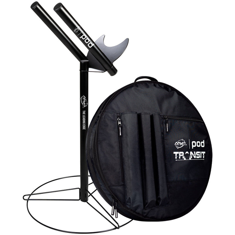 Black MVP Pod V2 putter rack with a wire-frame base and a round black Pod Transit carrying case with zippered pockets.