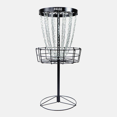 Black MVP Black Hole Pro HD portable disc golf basket with silver chains and a sturdy base.