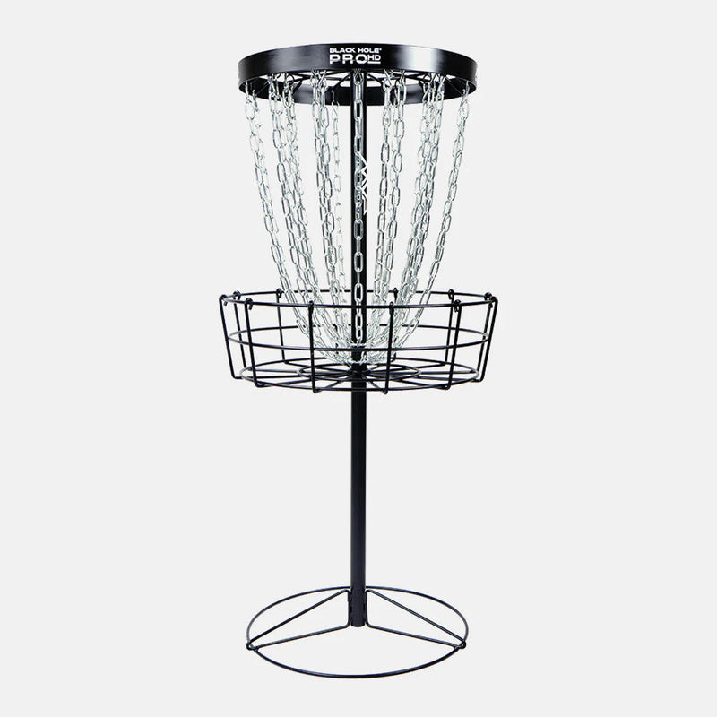 Black MVP Black Hole Pro HD portable disc golf basket with silver chains and a sturdy base.